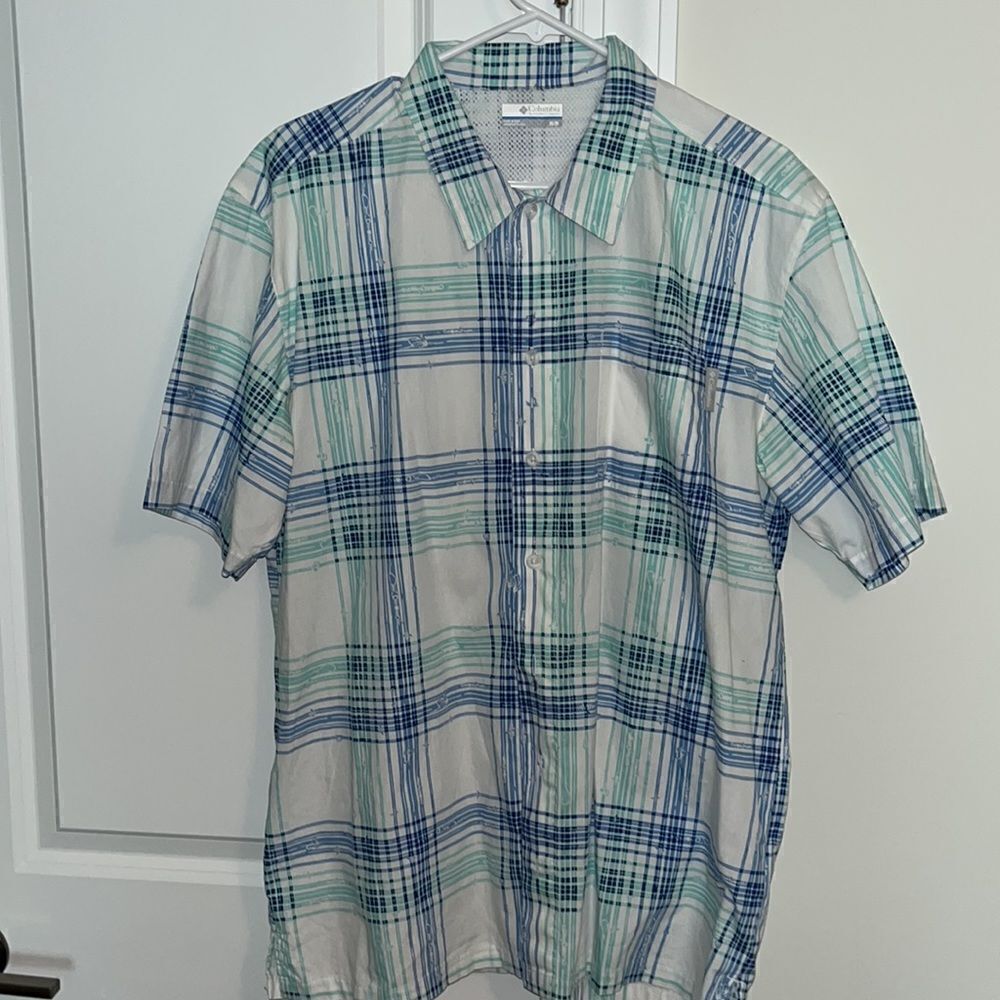 Blue green Columbia PFG Fishing Hook Line Sinker tackle Print SS Shirt M vented